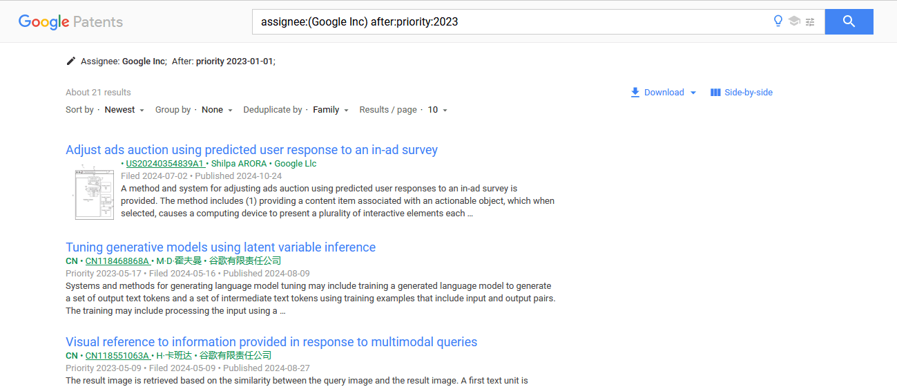 Google Patents Filter Interface