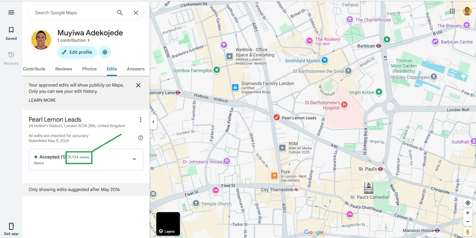 Pearl Lemon Leads GBP case study showing 31K+ monthly views
